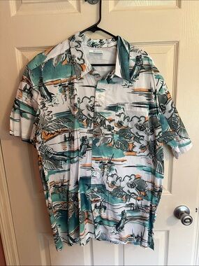 Columbia PFG Men's Short-Sleeve Tropical Print Shirt - Teal & White